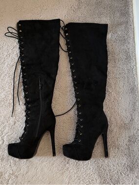 Women's Black Over-the-Knee Lace-Up Platform Boots
